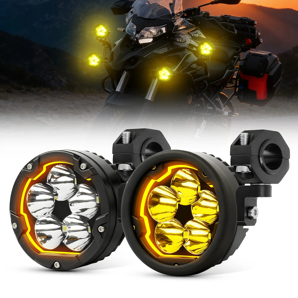 HL Mini Dual Color LED Motorcycle Auxiliary Light with Strobe Switch Spotlight Fog Lamp IP68 off-road use for BMW R1200GS Moto
