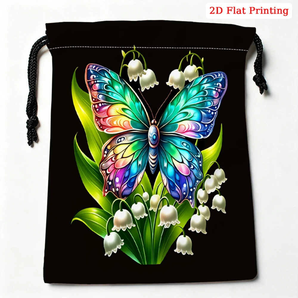 1pc Fashion Drawstring Bag Black Colorful Butterfly And Lily Of The Valley Pattern Storage Small Pouch For Travel Cosmetics Jewe