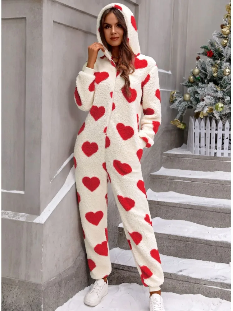 

Women's Christmas Jumpsuit Plush Pajamas Fashion Heart Print Long Sleeve Fall Winter Hooded Jumpsuits Warm Loungewear Outfit