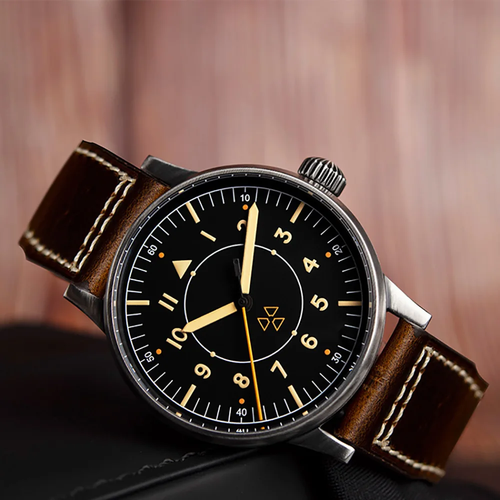 Hruodland F013 Old Treatment Retro Automatic Mechanical Men Pilot Watch PT5000 SW200 10ATM Stainless Steel Wristwatch for Male