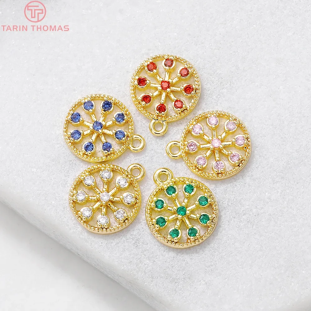 (1336)4PCS 11x13MM Hole 1MM 24K Gold Color Brass with Zircon Round Charm Pendants High QualityJewelry Making Findings Accessorie