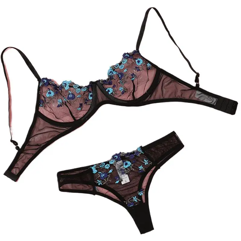 

Соблазнительное нижнее белье с вышивкой черный синий кружевной фантазийный эротический комплект прозрачное женское нижнее белье красивый цветочный сетчатый бюстгальтер и трусики наборы