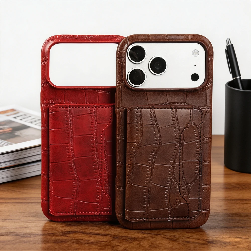 Premium Crocodile Leather With Card Holder Case for iphone 18 17 Pro Max Air 17e 16e 14 Plus 13 12 15 16Pro Max Phone Back Cover