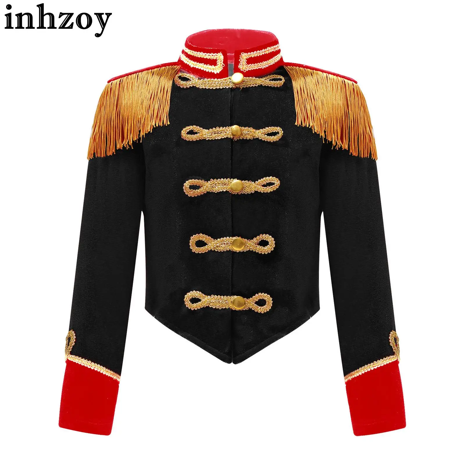 

Kids Girls Circus Ringmaster Cosplay Costume Ringleader Drummer Major Performance Coats Long Sleeve Tassel Epaulet Velvet Jacket