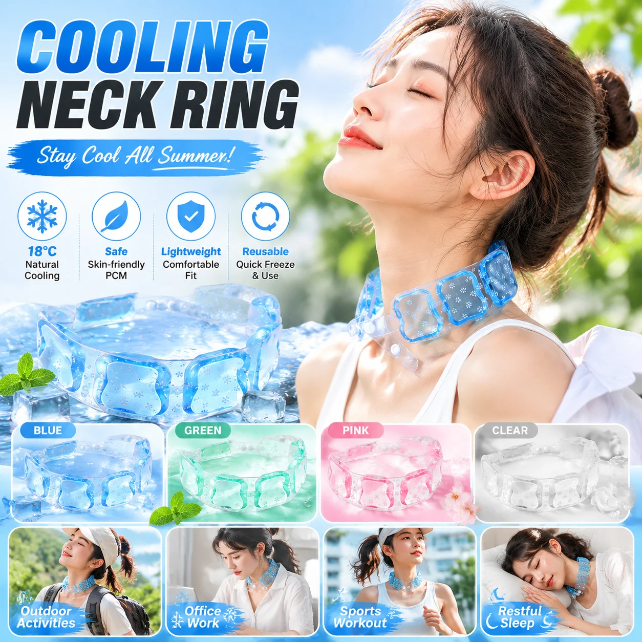 Reusable PCM Cooling Neck Ring 18℃ Constant Natural Cooling Flexible 3D Fit Ice Neck Wrap Summer Heat Relief Accessory