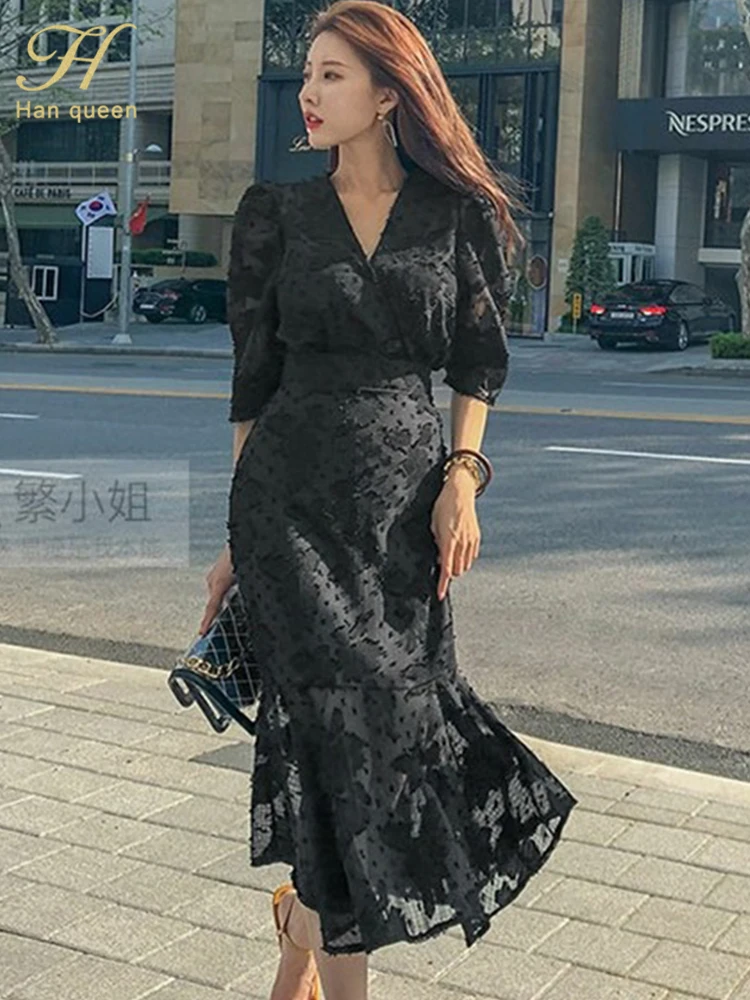 H Han Queen Hot sale Korea Women Party Dress Autumn Fashion Office Chic Chiffon Half Sleeve Ruffles Bodycon Mermaid Midi Dresses