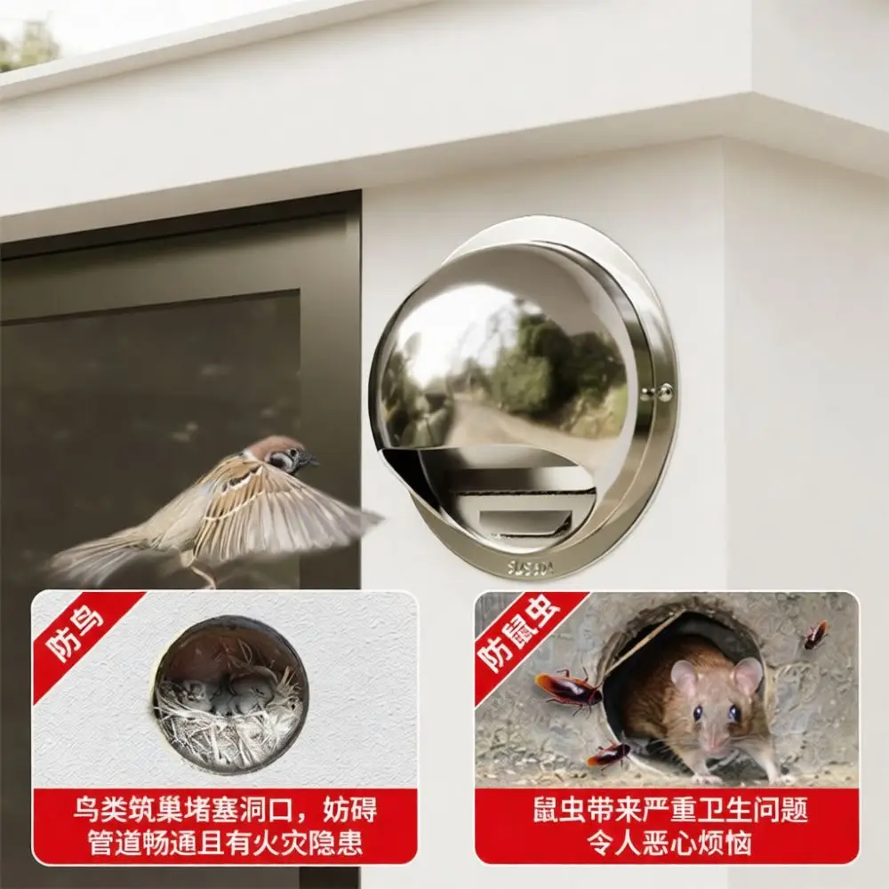 Stainless Steel Wall Air Vent Outlet Round Duct Pipe Ventilation Grille Hood Anti Bird Pest Guard Home Ventilation
