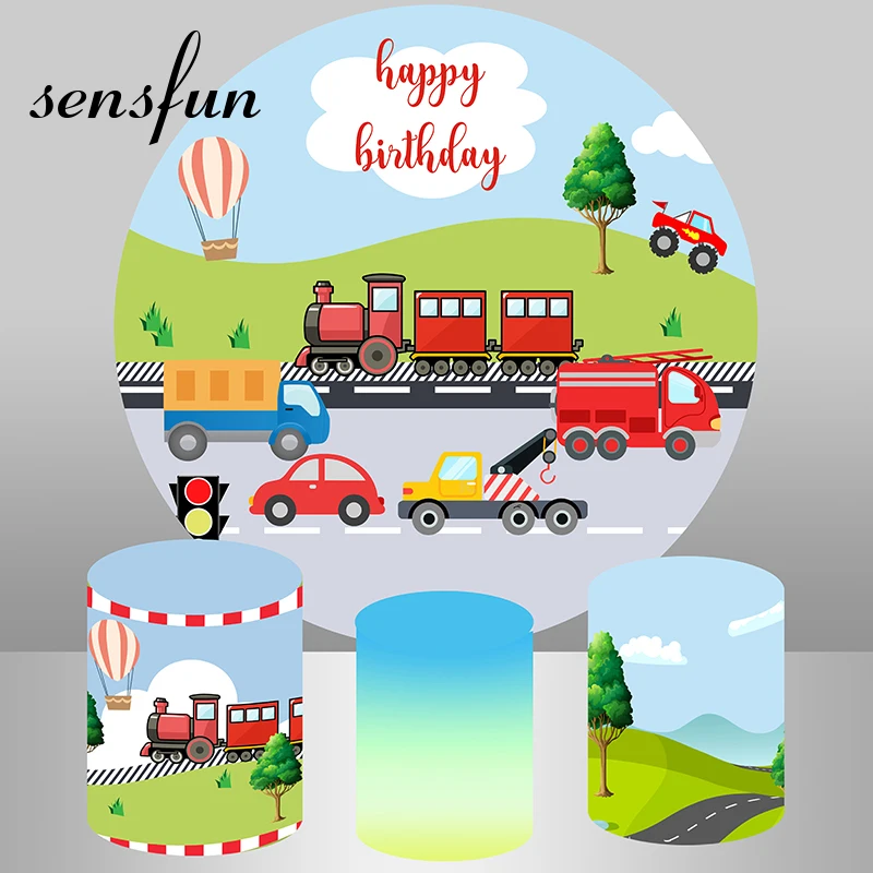 

Sensfun мультфильм автомобили поезд мальчики день рождения круглый фон для фотостудии голубое небо облака фон плинтусные чехлы эластичные