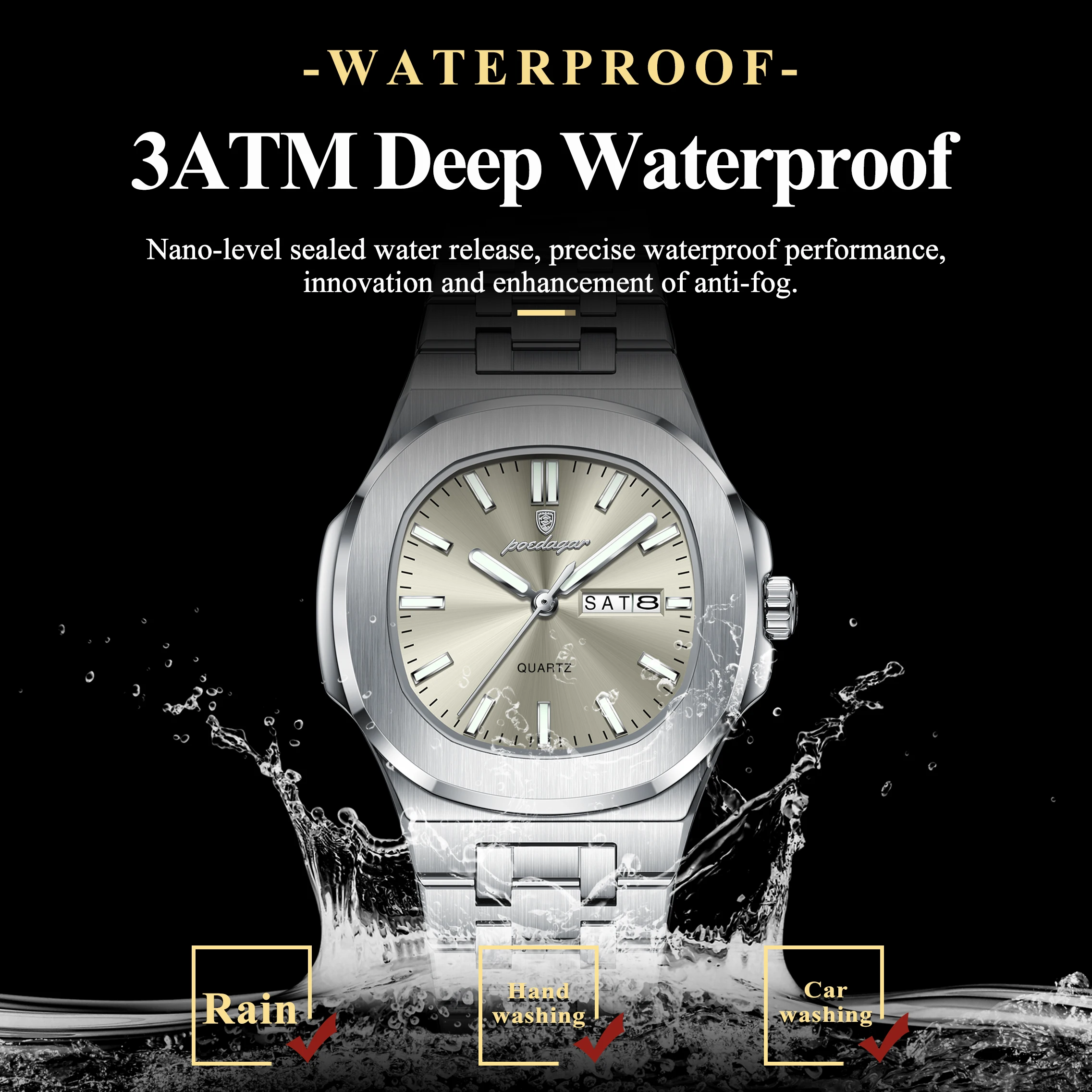 Reloj POEDAGAR cuadrado para mujer con fecha y semana, Reloj luminoso resistente al agua para mujer, relojes de cuarzo de acero inoxidable a la moda para mujer, Reloj de regalo