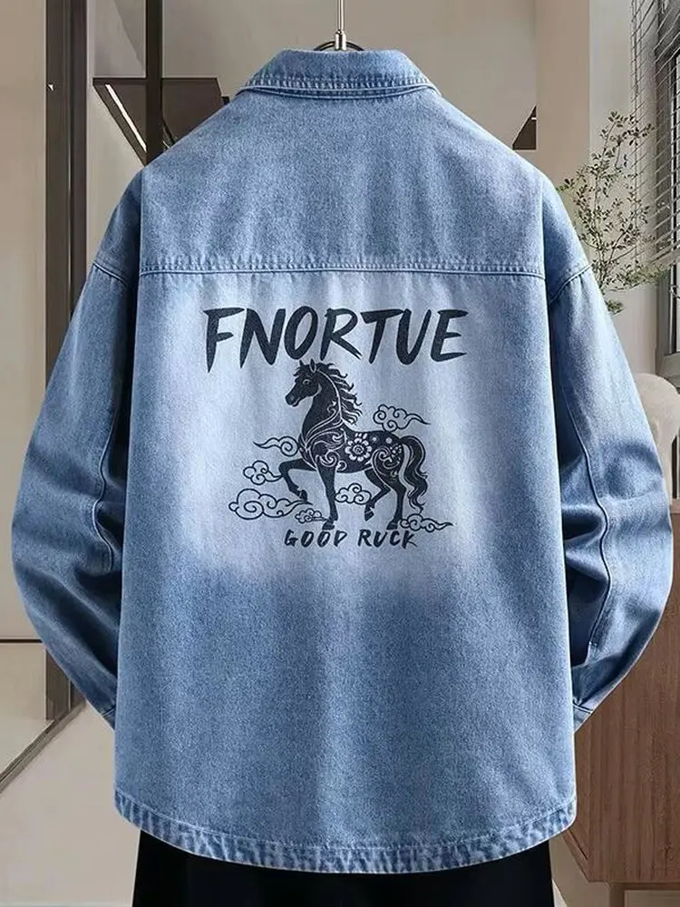 Printed Denim Shirt Jacket for Men Autumn New Style Cool Teenage Student College Jacket Top Loose Fit Long Sleeve Youth Fashion