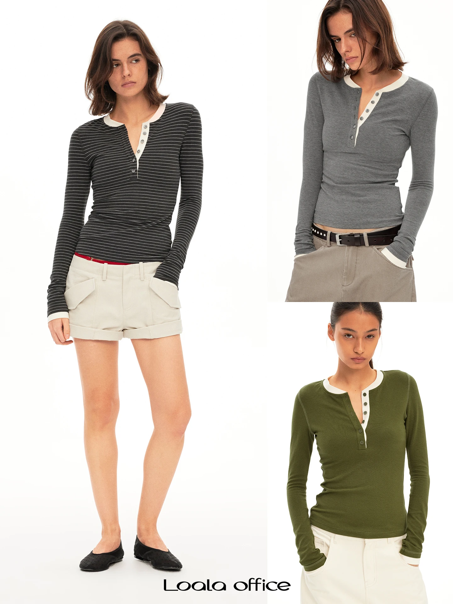 

Loala Office Color Block Slim Fit Simple Style Long Sleeve T-Shirt Casual Cotton Blend Base Shirt Henry Collar Top