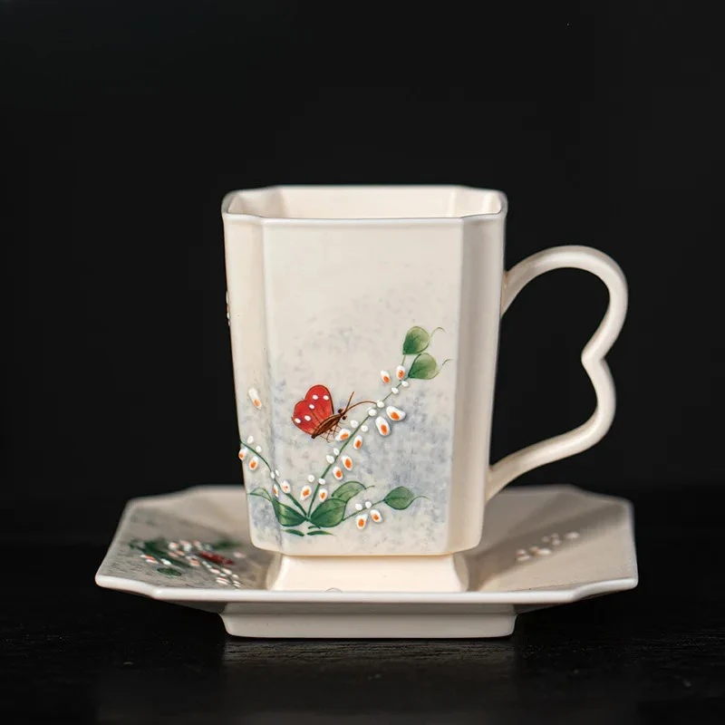 180ml Hand Drawn Orchid Butterfly Coffee Mug With Plate Couple Handgrip Cups Afternoon Tea Mug Cup Saucer Kit Tea Items Gift