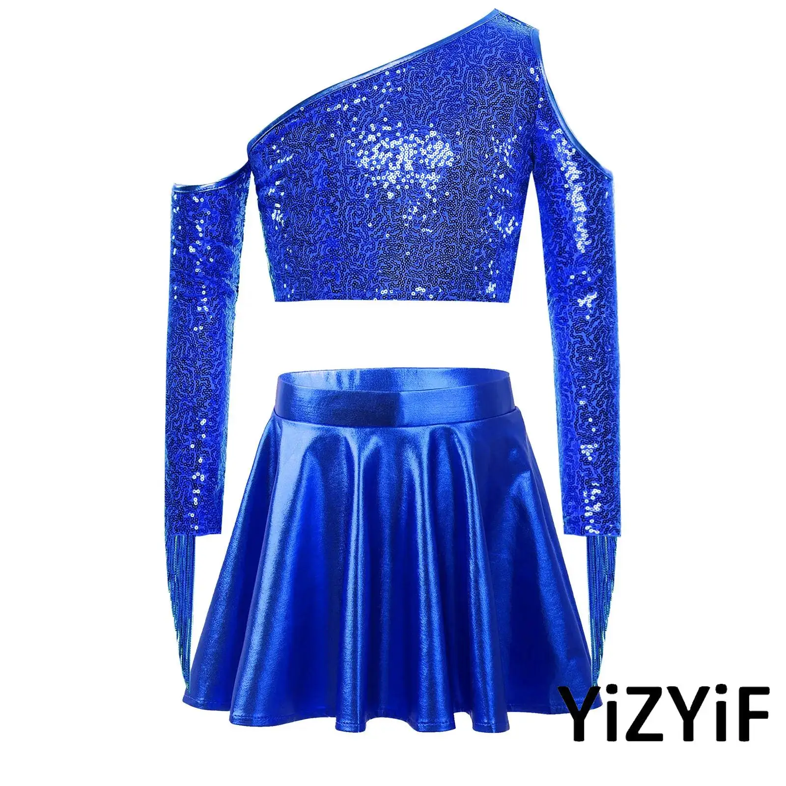 

Children Girls Belly Jazz Dance Outfits One Shoulder Long Sleeve Tassel Sequined Belly Crop Top And Skirt Modern Jazz Dancewear