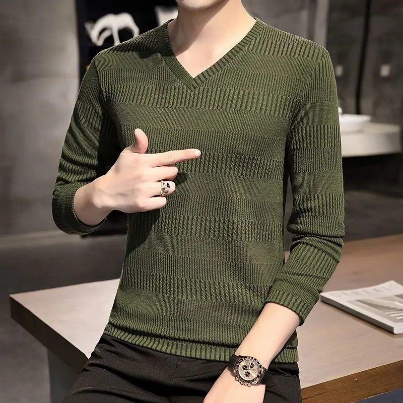 

Men's Clothing Argyle Green Knit Sweater Male V Neck Pullovers Plain Solid Color T Shirt Korean Autumn Clothes Fashion 2024 Fun