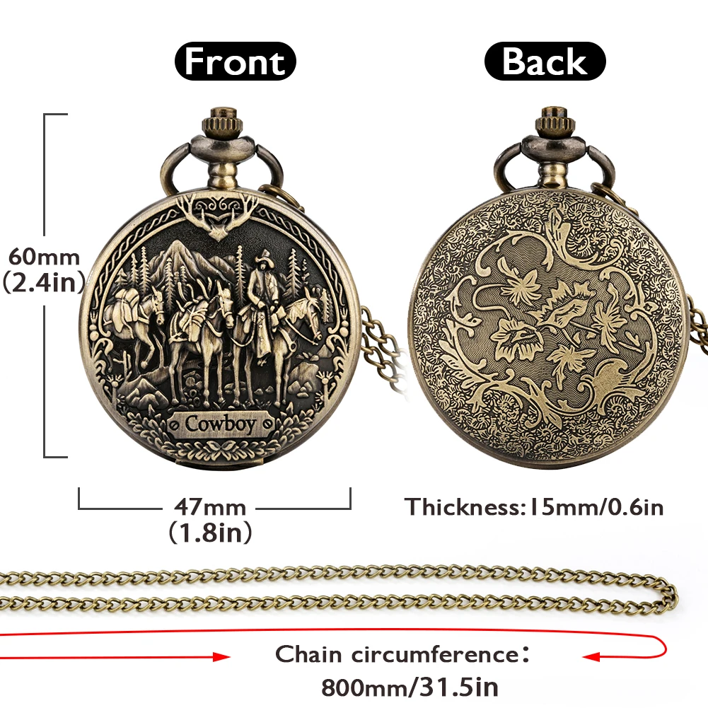 Vintage 3D Embossed Western Cowboy Design Pattern Steampunk Bronze Quartz Pocket Watch Exquisite Collection Gifts for Men Women