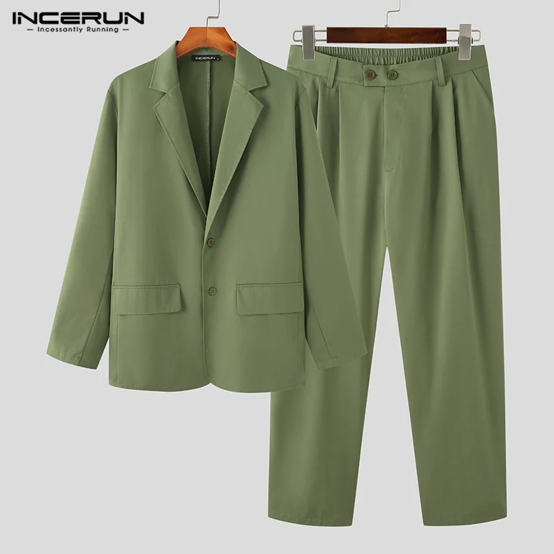 INCERUN Men Sets Solid Color Streetwear Laple Long Sleeve Button Blazer & Pants 2PCS 2024 Korean Fashion Men Casual Suits S-5XL