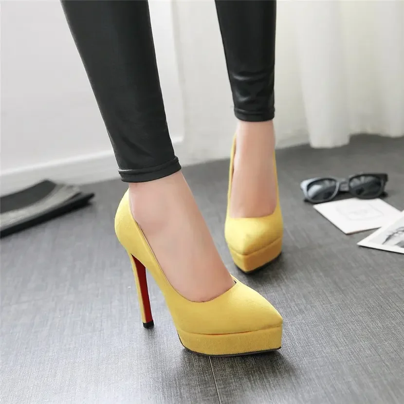 Big Size Women Platform Pumps 13cm High Spike Heels Black Yellow Flock Party Office Lady Sexy Slip-on Pointed Toe Thin Stilettos