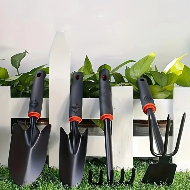 4-Piece Outdoor Gardening Tool Set: Small Shovel, 5-Prong Rake, Double Head Rake & Trowel, Complete Plant Flowering Kit