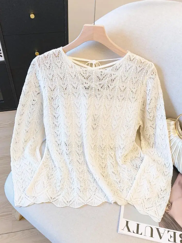 

Spring Autumn New Solid Hollow Out Fashion Vacation Knitted Tops Women's Clothing Round Neck Elegant Backless Lace-up Short Top