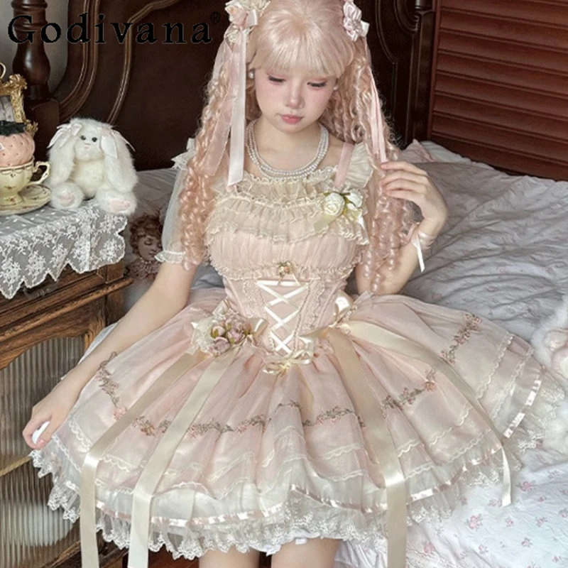 Lolita original vestido de bolo diário feminino bonito doce princesa saia inchada feminino verão curto estilo balé vestido lolita
