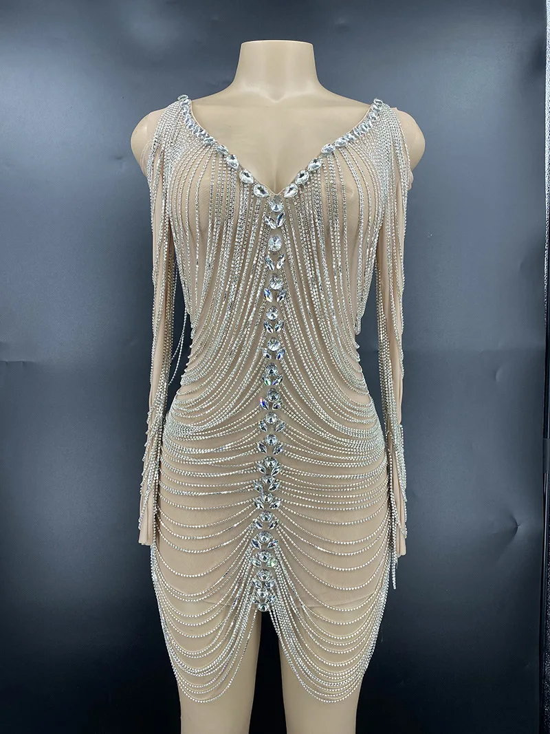 2023 Customized Tassels  Mesh lace Transparent High Elastic Short Sleeve Pearl Sexy Tight Party Dress  Stage Performance Dress