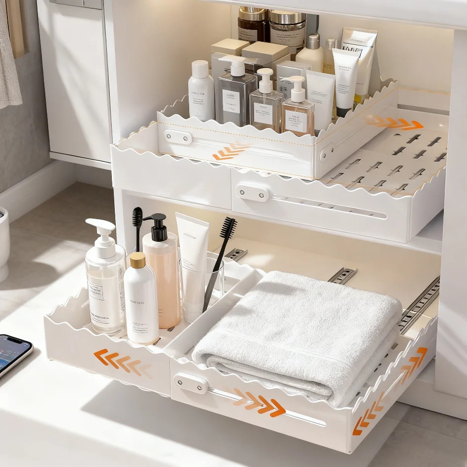 

4-Way Expandable Pull Out Cabinet Organizer, expandable Slide Out Drawer, No-Drill Sliding Shelves for Kitchen & Pantry Organize