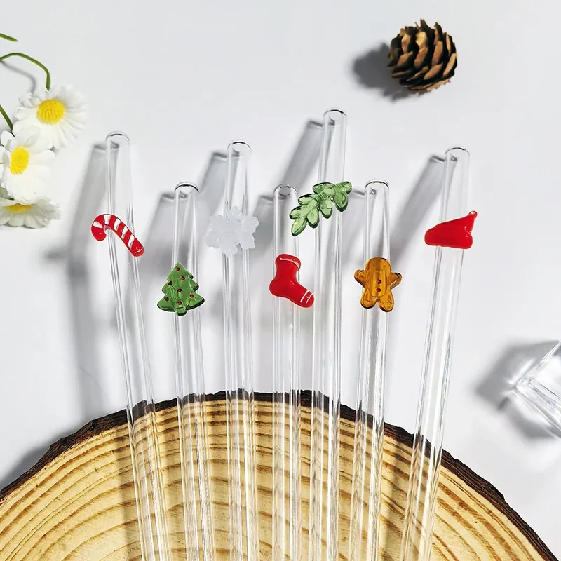 2Pcs Christmas Reusable High Borosilicate Glass Drinking Straws Set Set with 1Pc Brush Milk Shake Coffee Cocktail Straw Bar