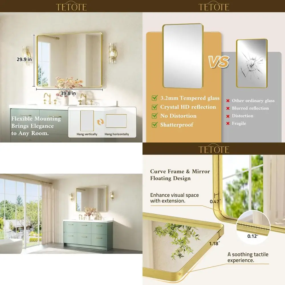

40x30 Inch Brushed Gold Framed Vanity Mirror, Tempered Glass, Wall-Mount for Home Decor