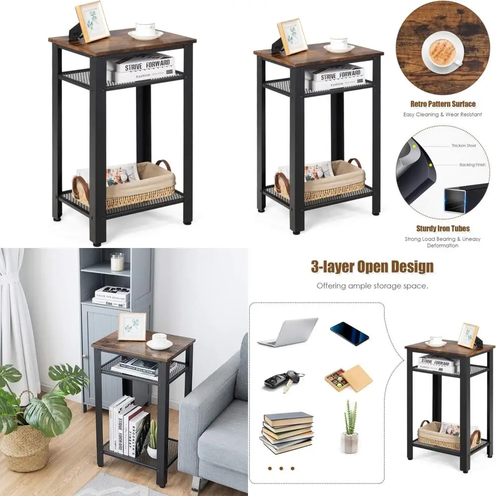 

Contemporary Multi-Tier Side Table with Metal Mesh Storage Shelves for Industrial Style Nightstands