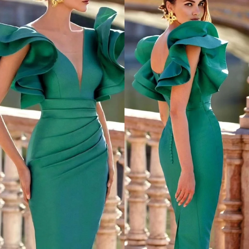 

Jiayigong High Quality Evening Satin Pleat Ruched Ruffles Formal Sheath V-Neck Bespoke Occasion Gown Midi Dresses