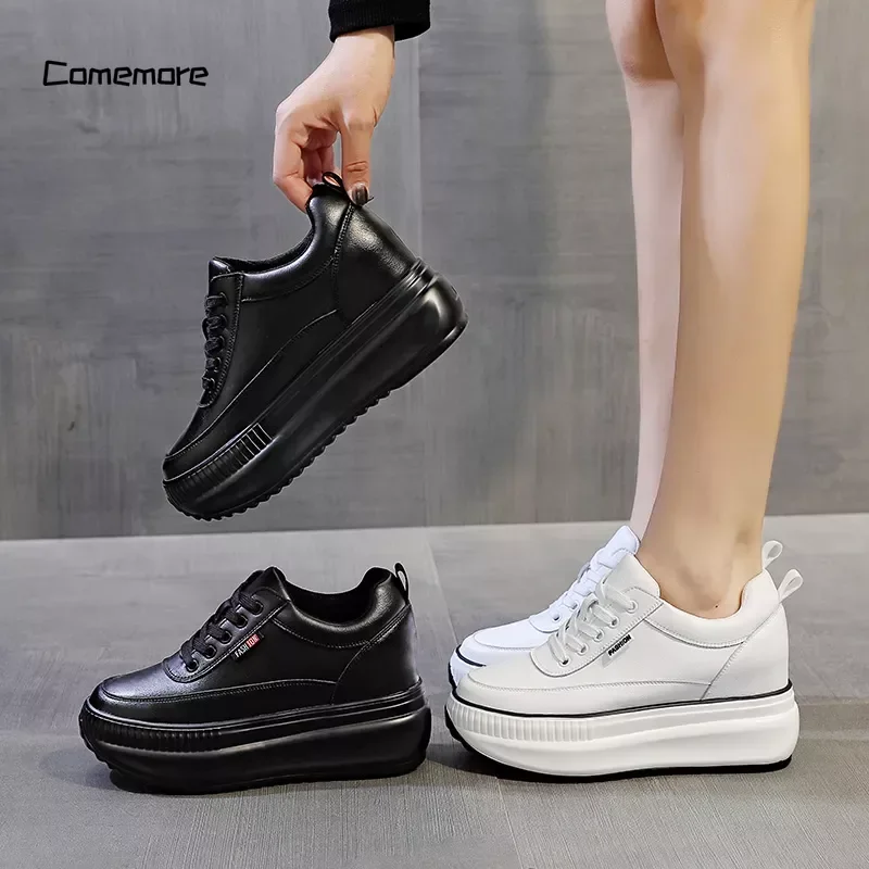 Comemore Platform Wedge Female Women 8CM Heels 2023 Sneakers Chunky Spring Autumn Shoe Women Genuine Leather Casual Black Shoes