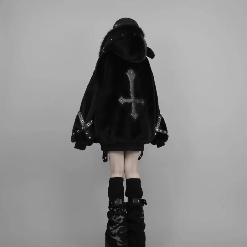 Japanese Vintage Y2K Subculture Punk Hoodie Winter New Harajuku Flocking Design Coat Women's Gothic Fashion Loose Zipper Outwear