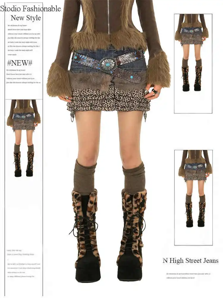 

Autumn Winter Women Faux Fur Patchwork Leopard Print Y2k Denim Mini Skirt Harajuku Japanese Grunge 2000s Cyber Punk E-girl Tide