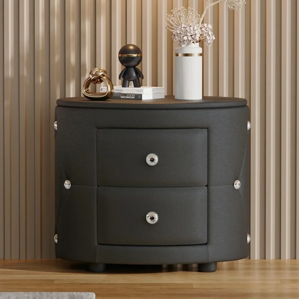 Elegant PU Nightstand with 2 Drawers and Crystal Handle,Fully Assembled Except Legs&Handles,Storage Bedside Table