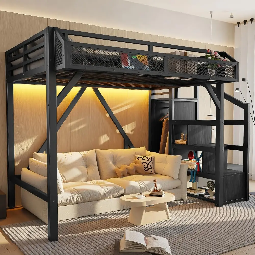 Twin Loft Bed Storage Stairs Shelves Wardrobe Metal Frame USB LED Lights Noise-Reduced Black MDF Twin, Customized image 3
