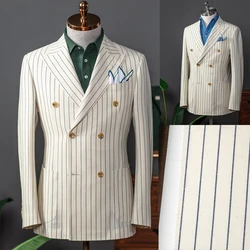 New Men's Suit One Piece Blazer Double Breasted Peaked Lapel Pinstripes Formal Tuxedo Work Wedding Groom Tailored Costume Homme