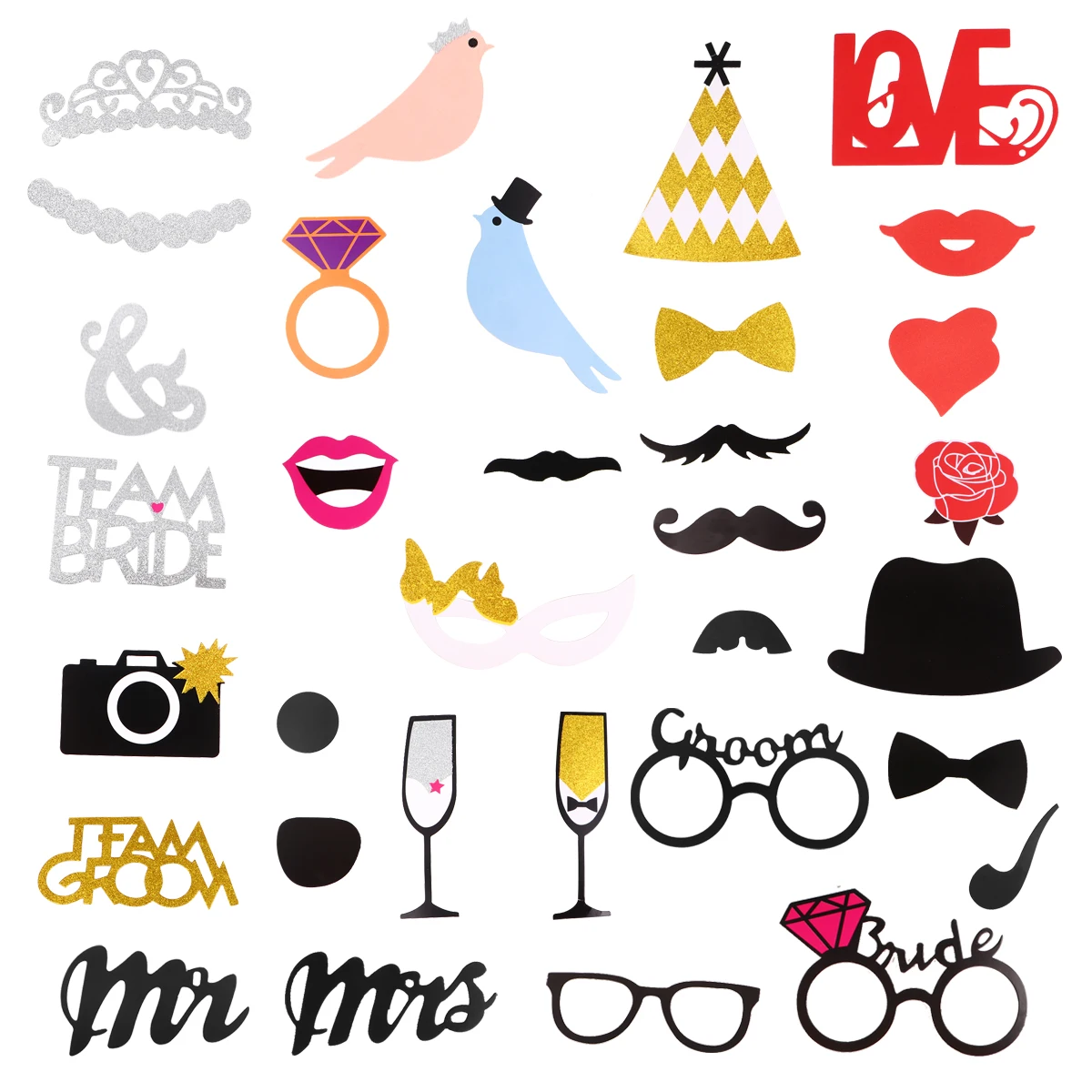 

31pcs 1 Set Wedding Glitter Photo Booth Props Reusable Party Supplies For Wedding Birthday Family Reunions Selfie Accessories