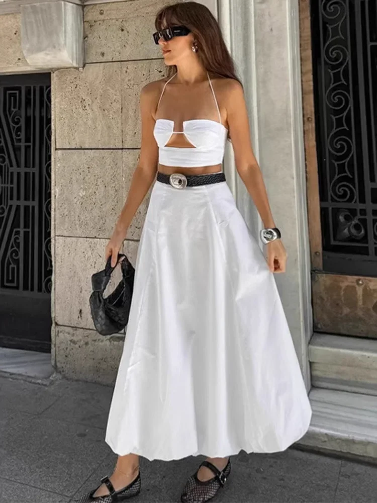 

High Waist Skirt And Bra Sets Women Sexy Off Shoulder Short Tops White Loose Casual Vacation Party A-Line Skirts Suits