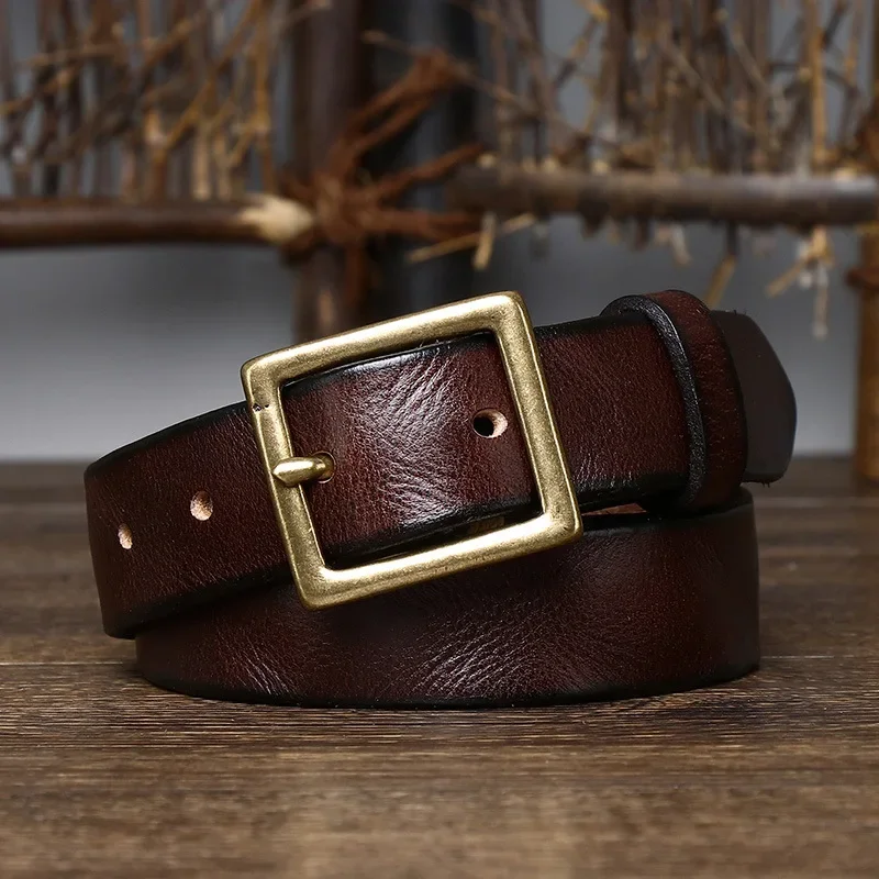 

100% Pure Cowhide 2.8cm Width Retro Women Jeans Belt Genuine Leather Belt Female Vintage Brass Pin Buckle Jeans Waistband Luxury