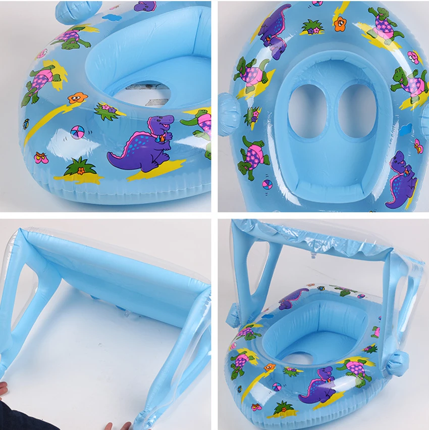 Galleggiante per piscina per bambini con baldacchino gonfiabile Cartoon Dinosaur Print anelli da bagno piscina Floatie Water Toy Lounge Seat per i più piccoli estate