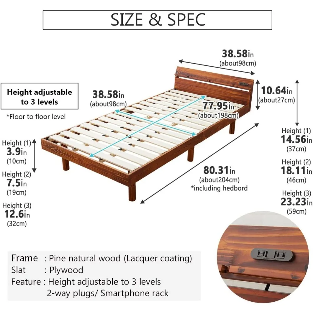 Twin solid pine wood bed frame charging station, adjustable height for Japanese futon mattress