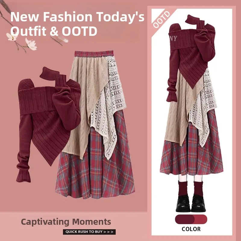 

Элегантный комплект из двух предметов: вязаный свитер на одно плечо и облегающая юбка с высокой талией. Новинка осенне-зимнего сезона.