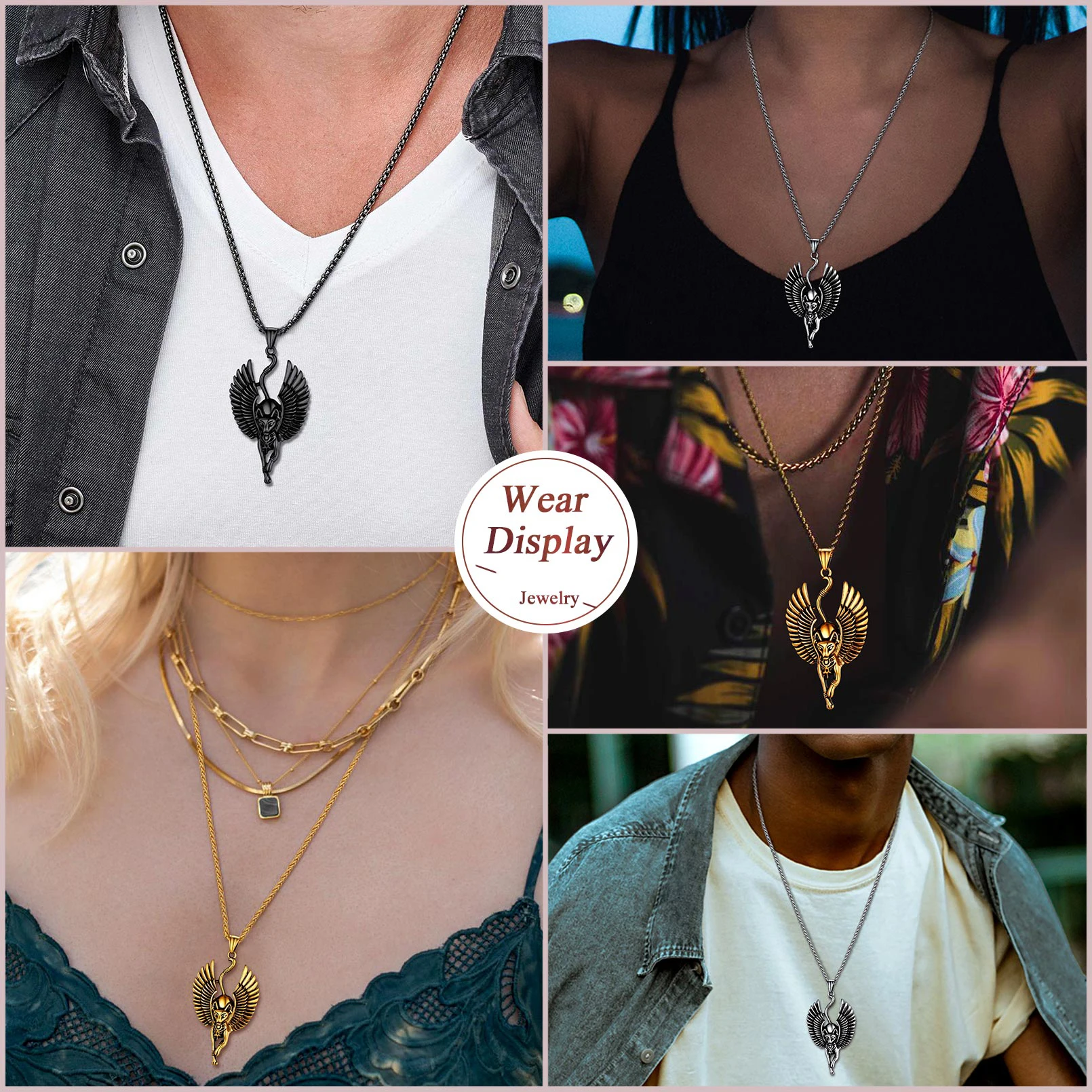 U7 Ancient Egyptian Ankh Necklaces Stainless Steel Eagle Ankh Cross Bastet Anubis Pharaoh Pendant Gothic Jewelry view 2