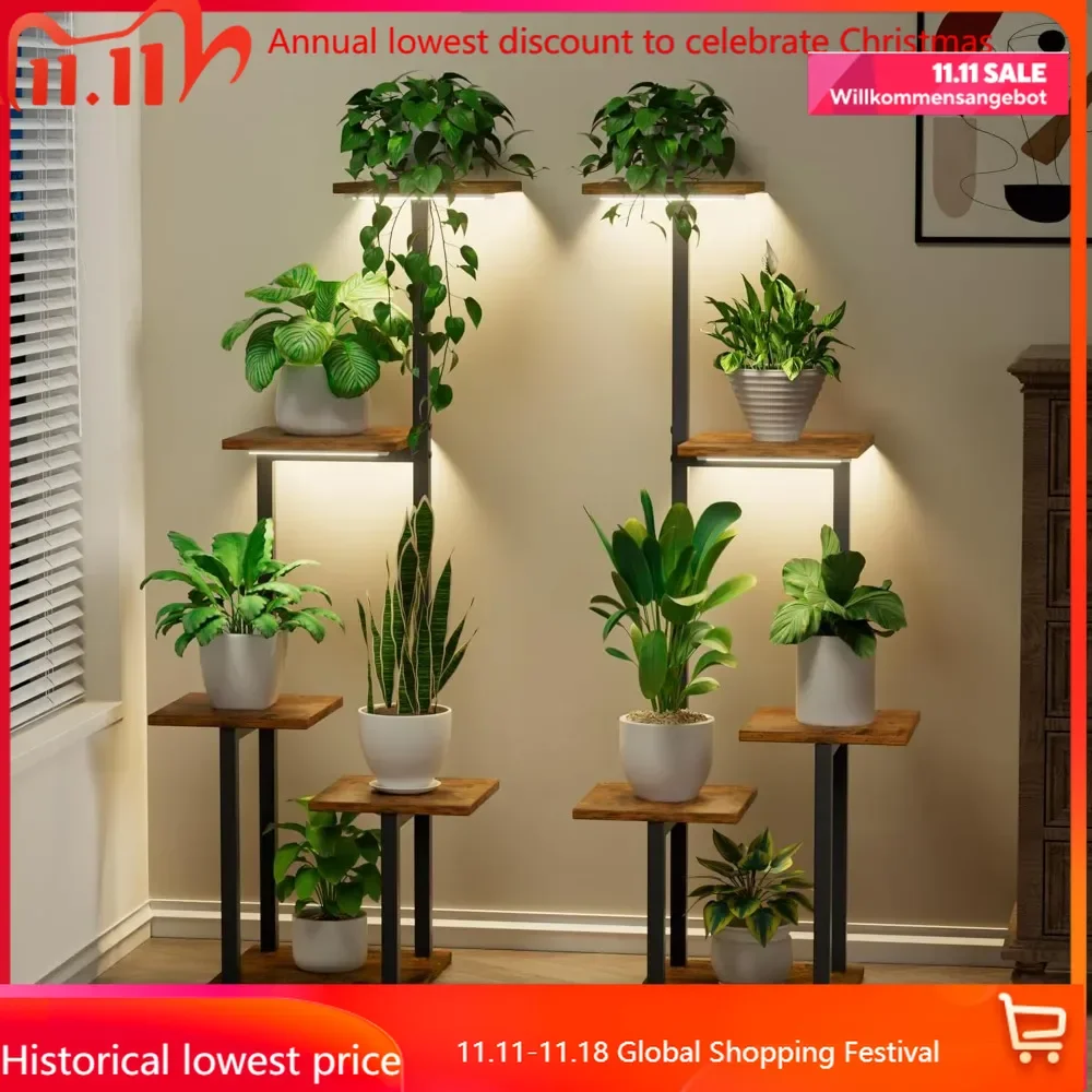 Plant Stand Indoor with Grow Light - 2 Pack Metal Plant Shelf for Indoor Plants Multiple, 5 Tiered Corner Plant Stand Shelves, P