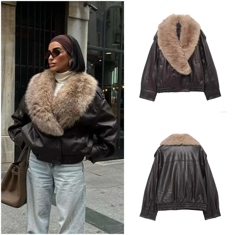 Guobioziy Women's Jacket Autumn Winter Casual Chic Brown Fur Collar Leather Jackets Detachable Large Fur Collar Women Coat