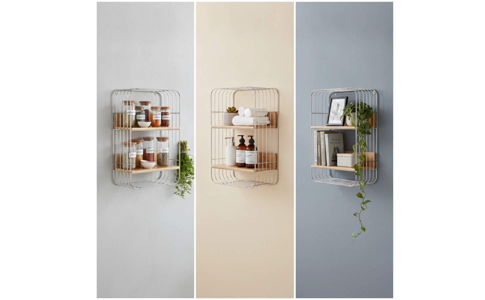 Wall-Mounted Storage Rack Two-Tier Shelf with Wooden Boards Open Shelf Rack Stainless Steel Furniture Metal Frame for Kitchen