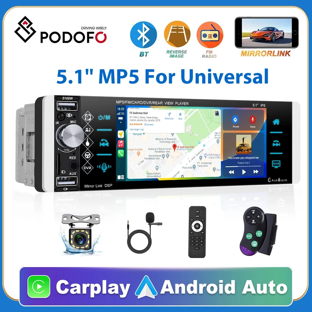 

Podofo 1 Din Carplay Android авто Автомобильный mp5-плеер 5,1-дюймовый HD сенсорный экран с Bluetooth FM-радио Поддержка TF/USB камеры заднего вида