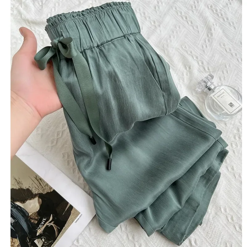 

Casual Ice Silk Wide Leg High Waist Pants 2024 New Summer Thin Satin Casual Loose Pants Women's High Waisted Straight Leg Pants