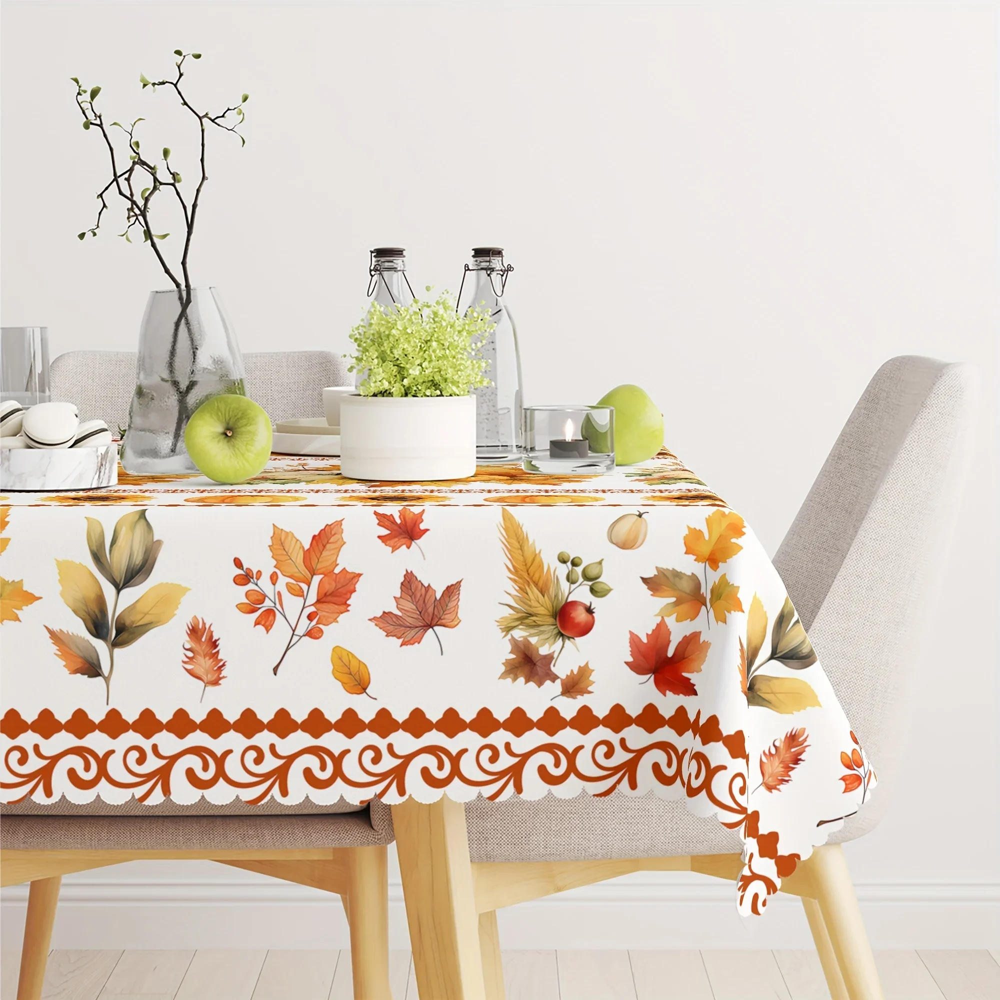 1 piece, Autumn Harvest Thanksgiving Polyester Fiber Round & Rectangular Tablecloth, Maple Leaves, Pumpkinsxzj