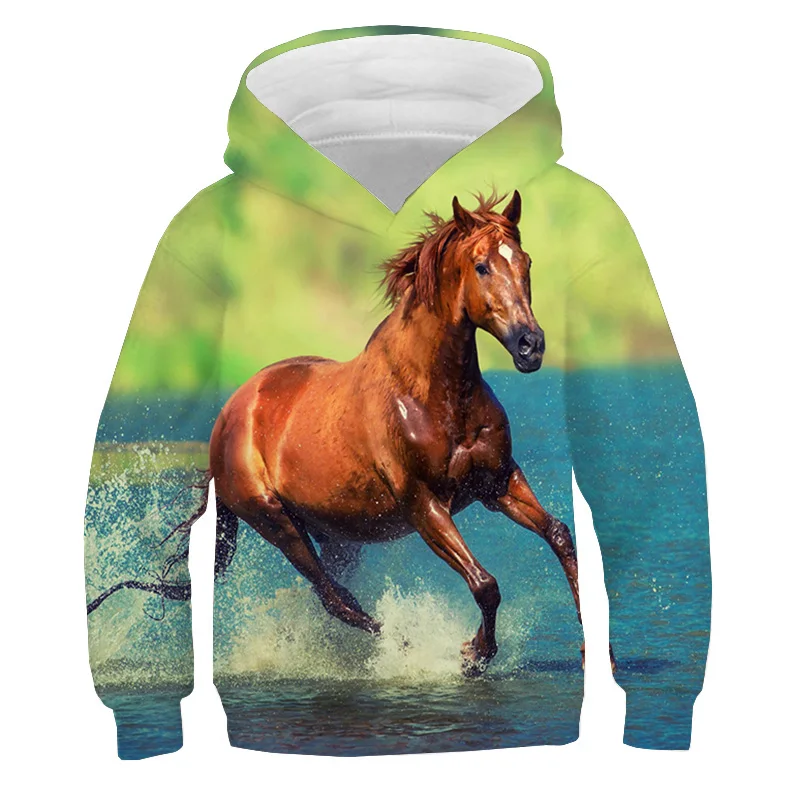 Running Horse Print Hoodies Sweatshirts Autumn Fleece Pullover Boys Girls Tracksuit y2k Sudadera White Horse Hoodie Kids Clothes